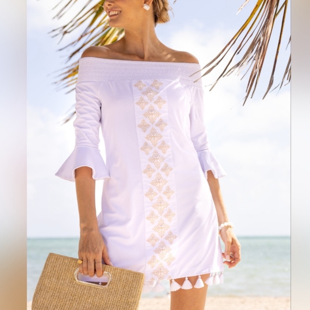 Cabana Life White and Gold Mini Dress